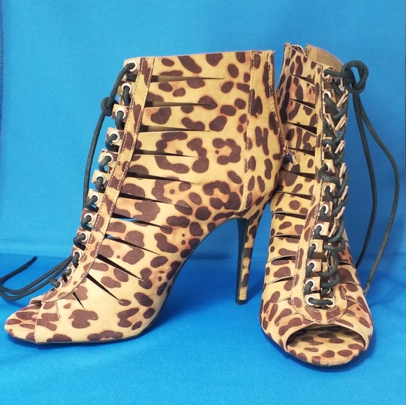 Anne Michelle Leopard Print Lace Up Heels - Picture 2 of 8